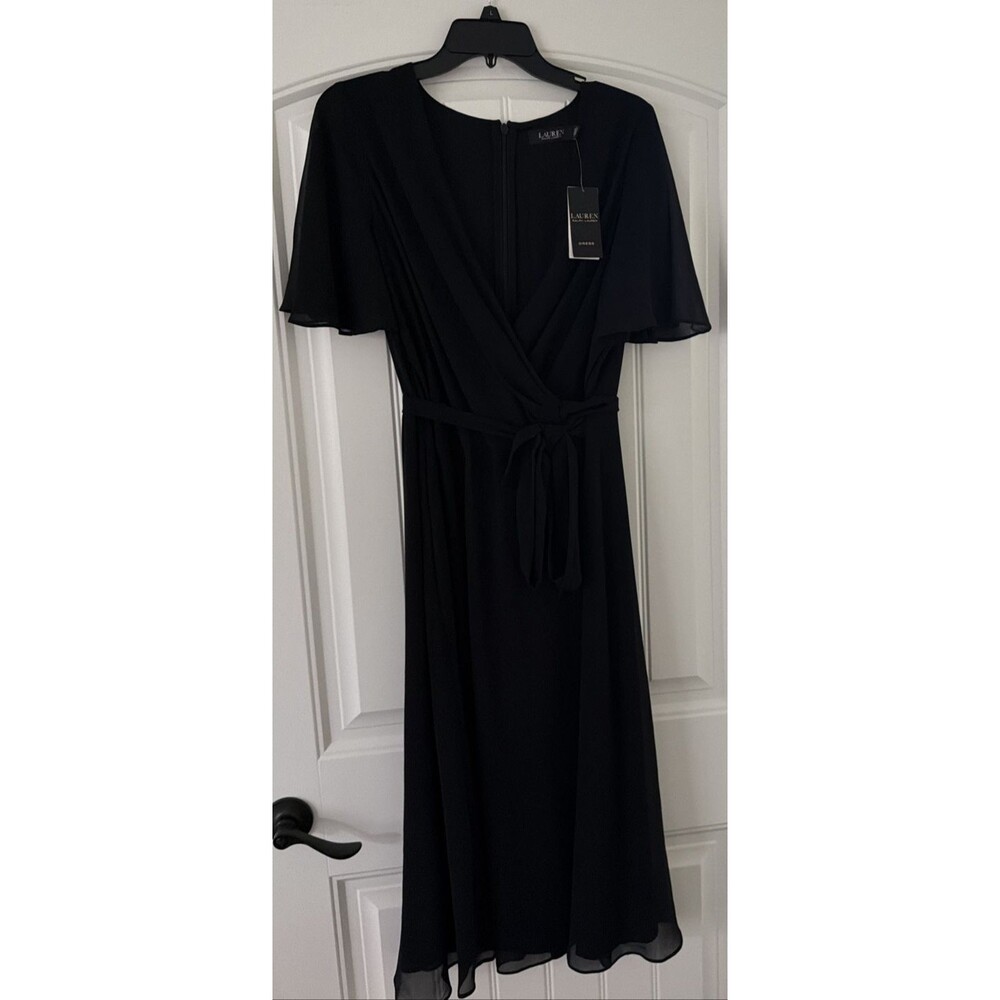 Lauren Ralph Lauren Women's Belted Fit & Flare Georgette Dress Rich Black 2 - Picture 5 of 12